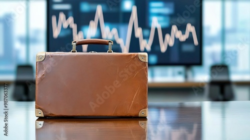 Financial downturn depicted by an abandoned briefcase on a polished desk, digital screen with negative trends in the background, professional light, soft contrasts, clean layout photo