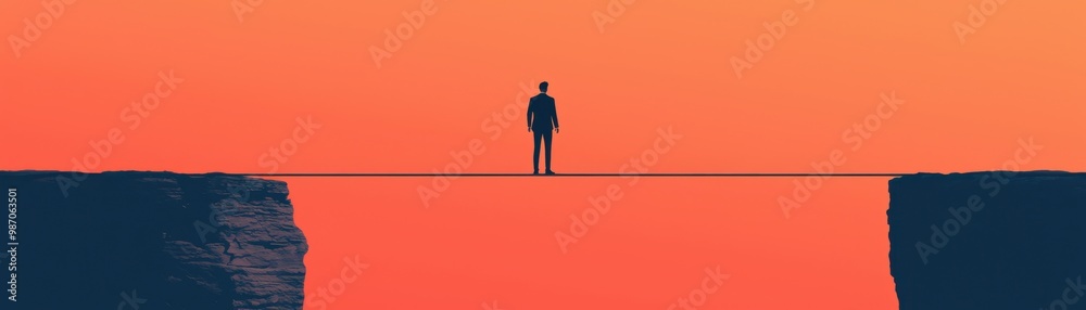 A solitary figure standing on a precarious edge, symbolizing courage and the journey to overcome challenges at sunset. A solitary figure standing on a precarious edge, symbolizing courage and the journey to overcome challenges at sunset.