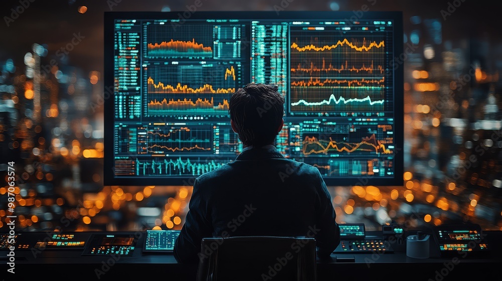 Person analyzing data on multiple monitors in a modern city office at night, showcasing financial charts and graphs. Person analyzing data on multiple monitors in a modern city office at night, showcasing financial charts and graphs.