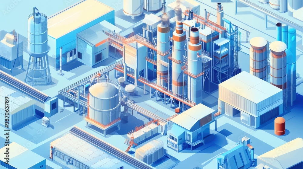 A vibrant, isometric view of a modern industrial complex featuring tanks, pipes, and buildings in a blue color palette. A vibrant, isometric view of a modern industrial complex featuring tanks, pipes, and buildings in a blue color palette.
