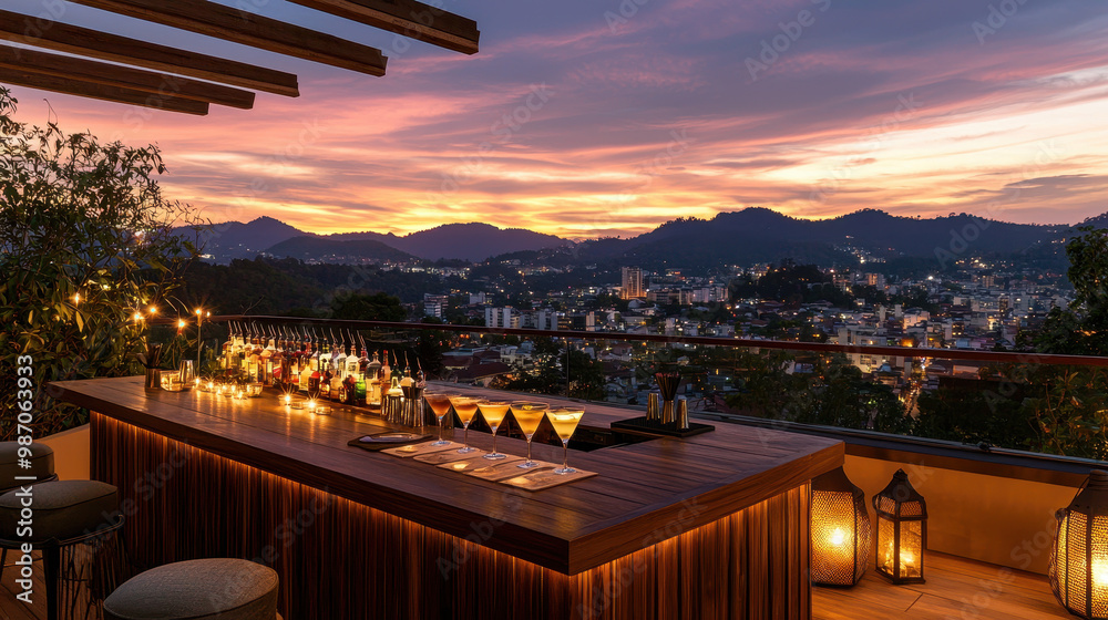 Fototapeta premium Scenic rooftop bar at sunset with panoramic city views, illuminated cocktails, and romantic ambiance created by string lights and lanterns