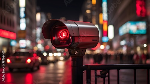 Surveillance Camera With a Red Light Overlooking a Busy Urban Street at Night