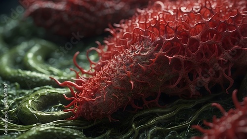 Close-up of Vibrant Red Organic Structure Intertwined With Green Filament in a Dark, Textured Environment