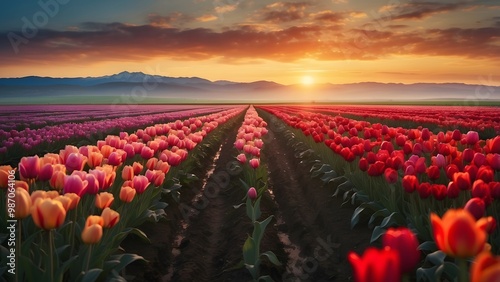 Vibrant Tulip Fields at Sunset in Full Bloom, Showcasing a Wide Range of Colors in the Countryside Landscape