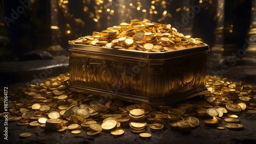 Treasure Chest Overflowing With Golden Coins in a Dimly Lit Cavern During a Mysterious Adventure