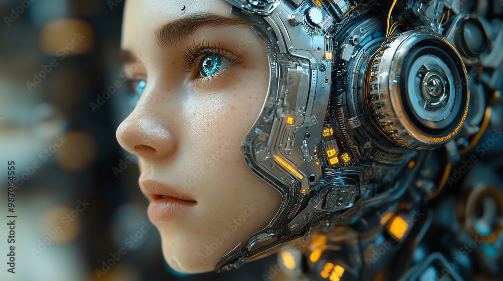 Mechanical gears turning inside a robotic head while it processes real-time stock data, [precision], [AI-driven decision-making in financial trading]