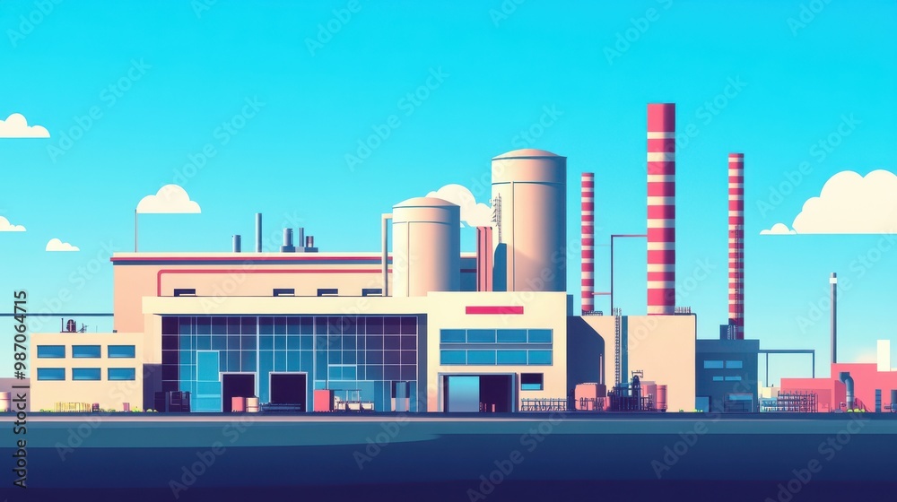 Obraz premium A vibrant and modern industrial complex featuring smokestacks and large storage silos against a clear blue sky.