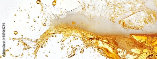 Close-up of beer splash with drops and wavy foam bubbles isolated on white background