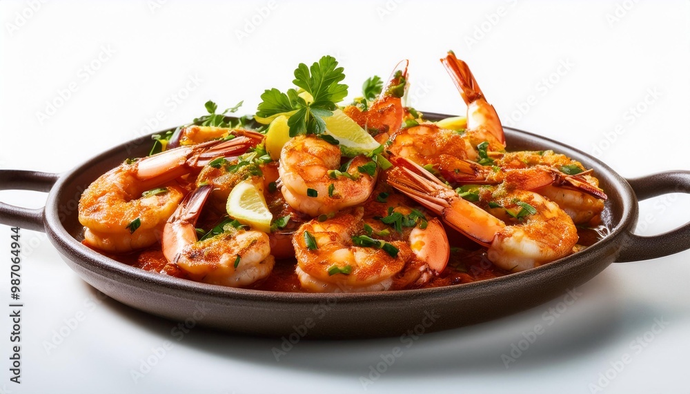 Spanish Food, Gambas a la Plancha on white background isolated. Spanish Food, Gambas a la Plancha on white background isolated.