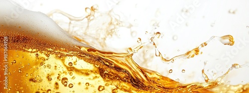 Close-up of beer splash with drops and wavy foam bubbles isolated on white background