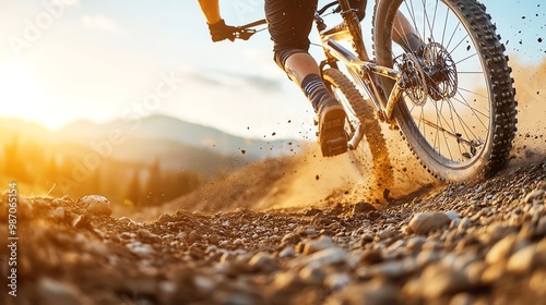 A mountain biker rides through a rocky trail during sunset, kicking up dust in a thrilling outdoor adventure.