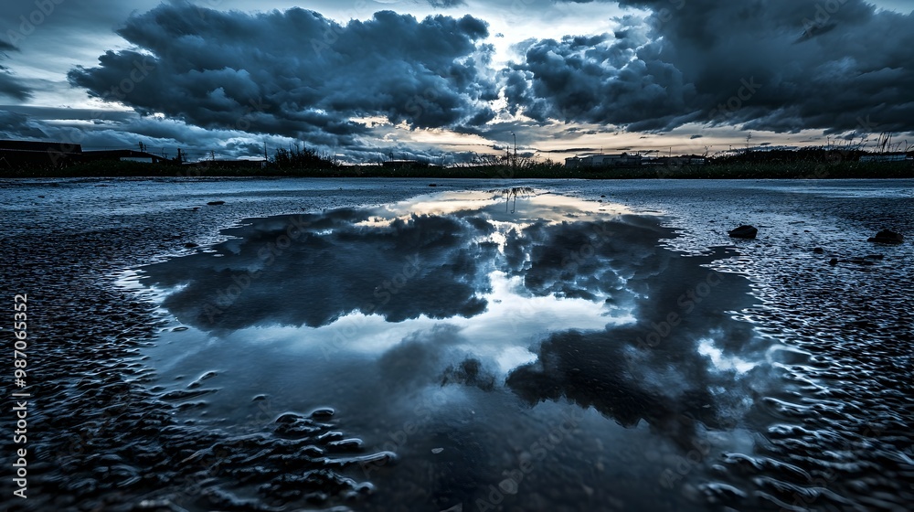 Dramatic storm clouds casting a moody brooding reflection in a calm tranquil puddle creating an ominous yet serene atmospheric landscape Dramatic storm clouds casting a moody brooding reflection in a calm tranquil puddle creating an ominous yet serene atmospheric landscape