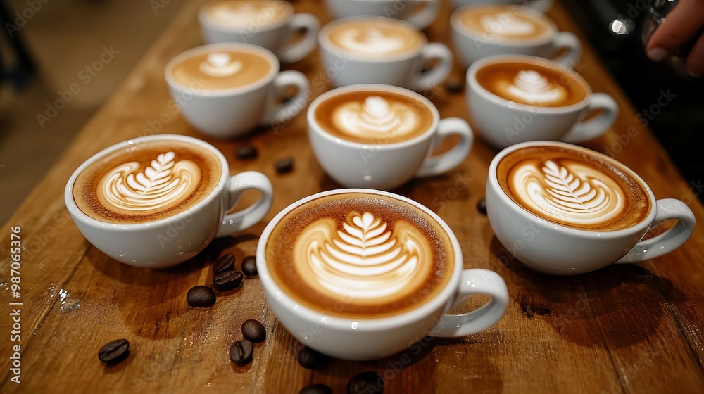 Savory cappuccino cups with milk designs. The barista crafts coffee by pouring hot milk over espresso. The barista serves the latte in a cup with coffee beans on a wooden cafe table. Savory cappuccino cups with milk designs. The barista crafts coffee by pouring hot milk over espresso. The barista serves the latte in a cup with coffee beans on a wooden cafe table.