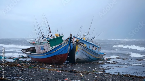 Dramatic scene of boats and fishing vessels violently tossed onto the shore illustrating the powerful impact of a major coastal storm or typhoon event photo