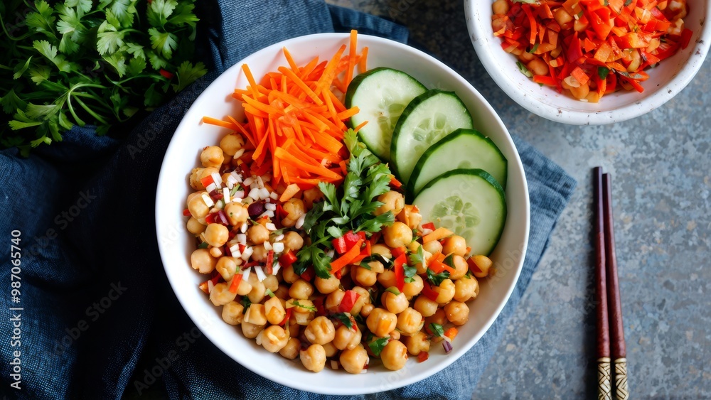 An appetizing dish with chickpeas in an oriental way, decorated with ribbons of bright carrots, a spicy bouquet of arugula leaves, pinches of rich red pepper and slices of cool cucumber. An appetizing dish with chickpeas in an oriental way, decorated with ribbons of bright carrots, a spicy bouquet of arugula leaves, pinches of rich red pepper and slices of cool cucumber.