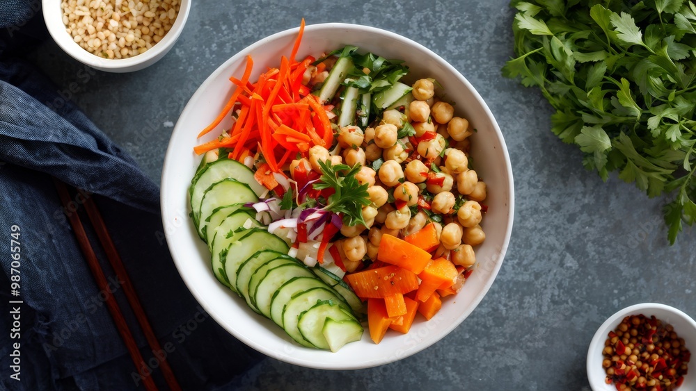 An appetizing dish with chickpeas in an oriental way, decorated with ribbons of bright carrots, a spicy bouquet of arugula leaves, pinches of rich red pepper and slices of cool cucumber. An appetizing dish with chickpeas in an oriental way, decorated with ribbons of bright carrots, a spicy bouquet of arugula leaves, pinches of rich red pepper and slices of cool cucumber.