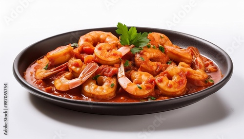 Spanish Food, Gambas al Ajillo on white background isolated.