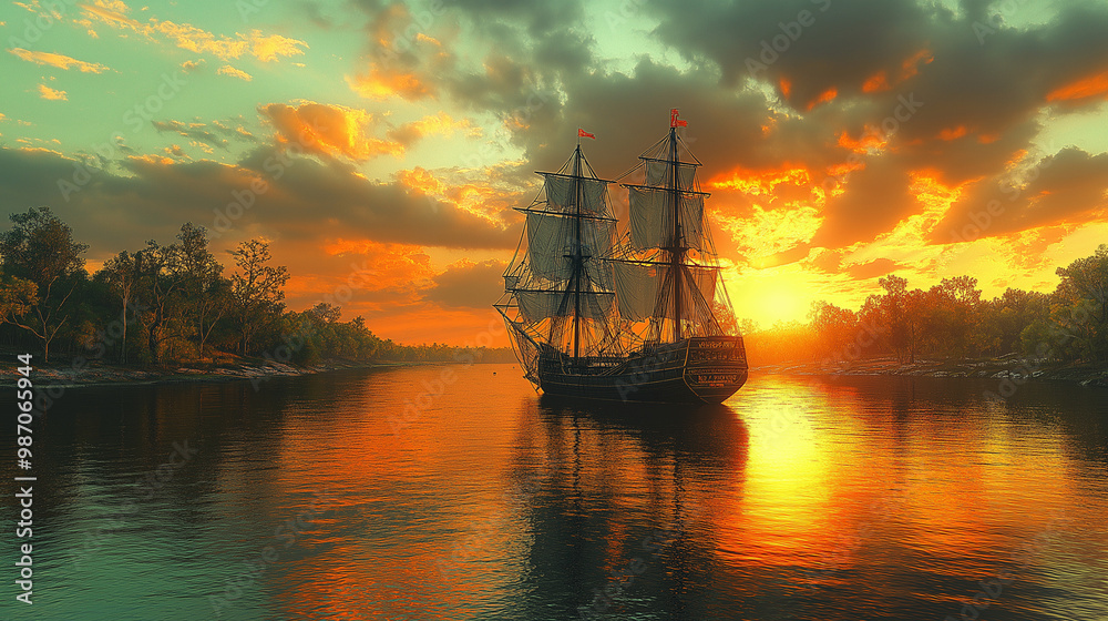 Fototapeta premium Photorealistic Spanish ship on calm water, at dawn, soft colors