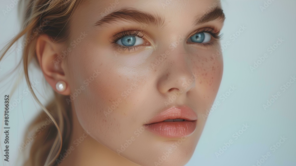 blonde model with straight hair, light makeup and pink lip gloss, wearing pearl earrings against a white background in a close-up blonde model with straight hair, light makeup and pink lip gloss, wearing pearl earrings against a white background in a close-up