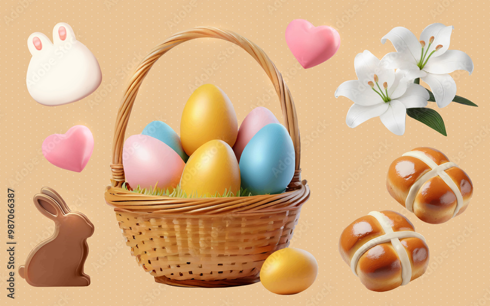 Naklejka premium A Set of Happy Easter 3D Illustrations: Easter Eggs, Basket, Chocolate Bunny, Lily Flowers, Heart, Cross Bread, White Bunny Ball