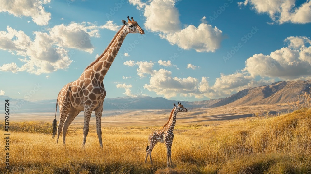Fototapeta premium A baby giraffe taking its first steps alongside its mother, surrounded by a tranquil landscape of tall grasses and distant mountains.