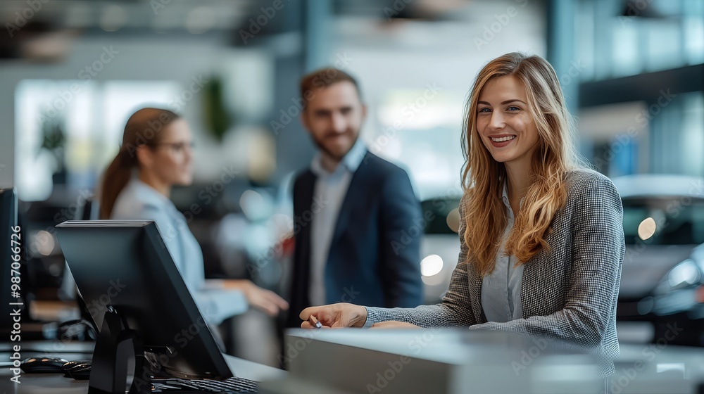 Smiling businesswoman at a desk with colleagues in the background. Modern office environment with professional atmosphere. Smiling businesswoman at a desk with colleagues in the background. Modern office environment with professional atmosphere.