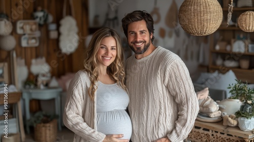 Smiling expecting couple in cozy home environment with bohemian decor, woman touching pregnant belly, man embracing her. photo