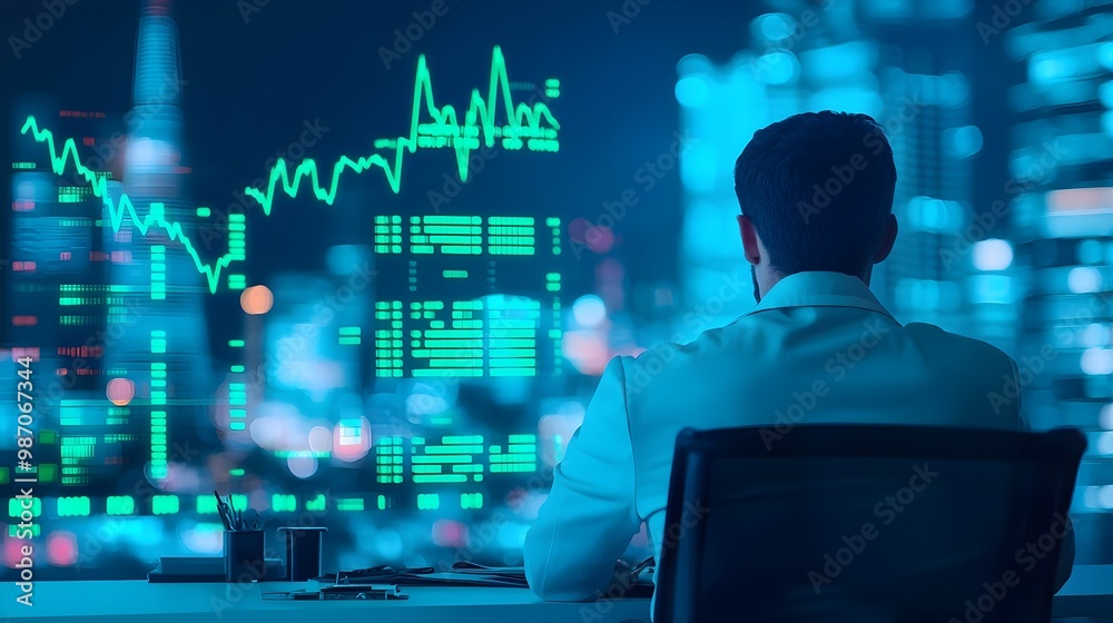 Financial Trader Working Late at Night Financial Trader Working Late at Night