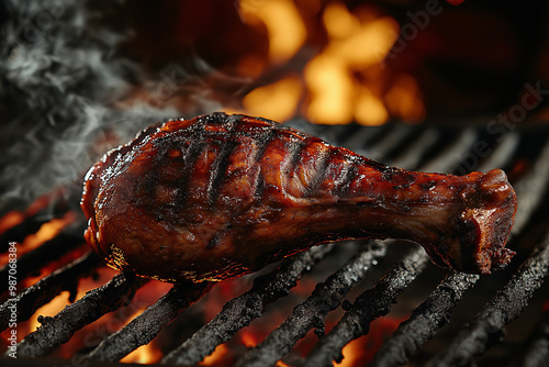 Smoky barbecued turkey leg with charred crispy skin and grill marks, resting on metal grill over glowing coals. Coated in sticky barbecue sauce with firelight and smoke in the background. 