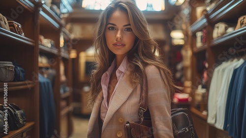 Stylish woman exploring a fashionable boutique with shelves of trendy clothing in a warm, elegant setting.