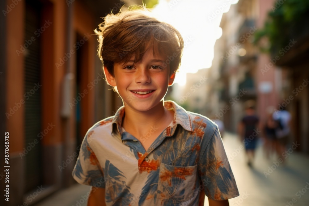 A young boy is smiling and wearing a shirt with a palm tree design A young boy is smiling and wearing a shirt with a palm tree design