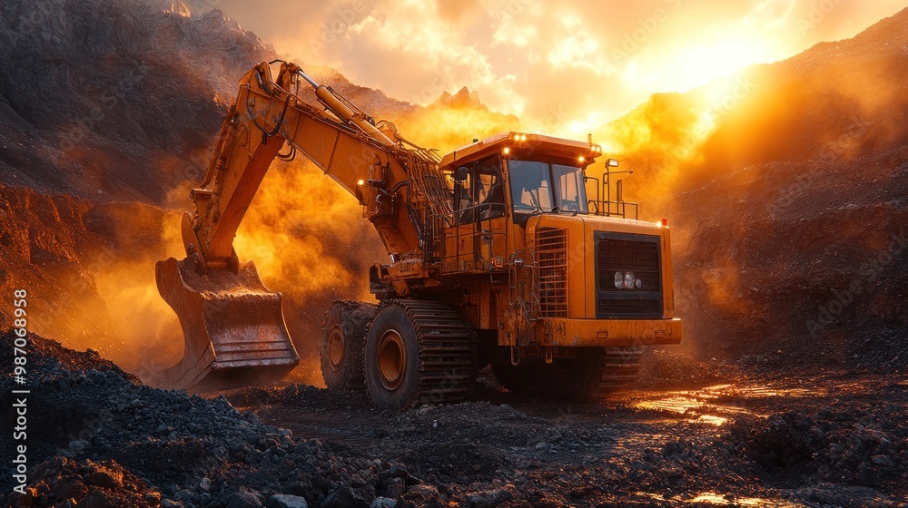 Excavator Working at Sunset Excavator Working at Sunset