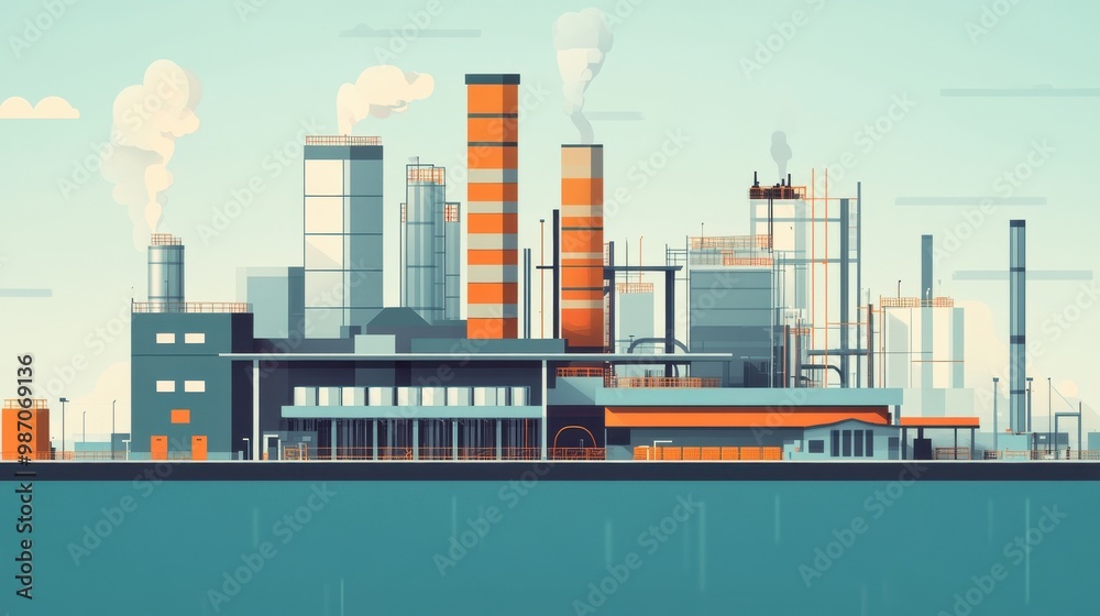 A vibrant illustration of an industrial factory with smokestacks, showcasing modern production and energy use in a colorful style. A vibrant illustration of an industrial factory with smokestacks, showcasing modern production and energy use in a colorful style.