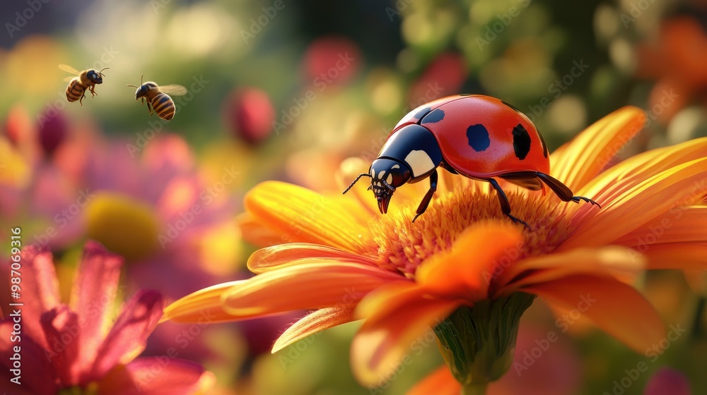 Obraz premium A charming scene of a ladybug crawling on a vibrant garden flower, with bees buzzing nearby, showcasing a lively and healthy ecosystem.