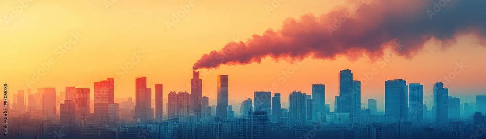 A stunning skyline at sunset highlighting urban pollution with smoke rising, showcasing the contrast of nature and industry. A stunning skyline at sunset highlighting urban pollution with smoke rising, showcasing the contrast of nature and industry.
