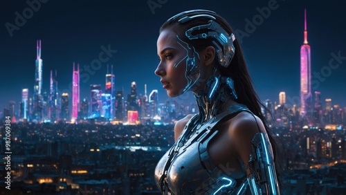 young woman in futuristic city