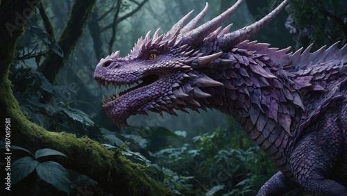 a pink dragon in a forest dark