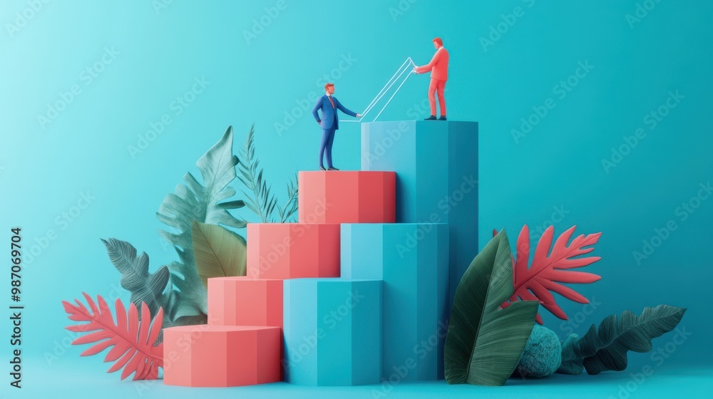 A vibrant illustration of two figures collaborating on a colorful bar graph, symbolizing teamwork and growth in business.