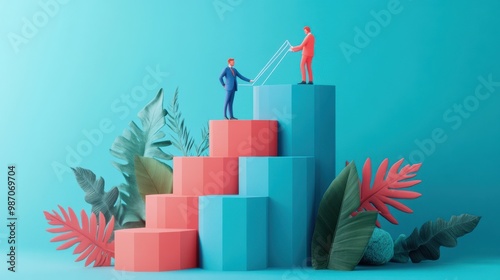 Obraz na płótnie A vibrant illustration of two figures collaborating on a colorful bar graph, symbolizing teamwork and growth in business. w salonie