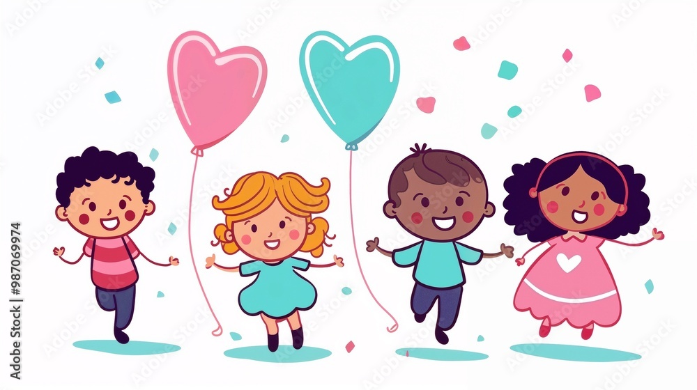 Children celebrating a party with heart-shaped balloons and joyful expressions Children celebrating a party with heart-shaped balloons and joyful expressions