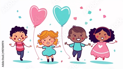 Children celebrating a party with heart-shaped balloons and joyful expressions