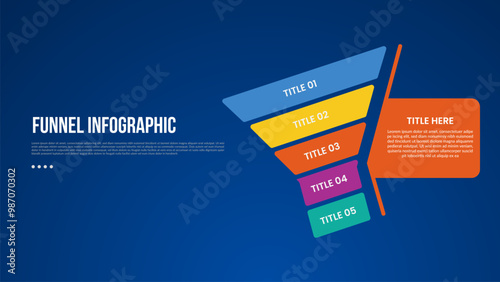 funnel infographic with skew or slope pyramid with 5 point with dark style for slide presentation