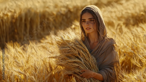 Woman in a wheat field holding a bundle of wheat, bathed in golden sunlight, capturing the essence of nature and harvest season.