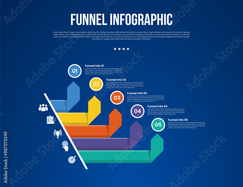 funnel infographic with flipped ribbon arrow top direction with 5 point with dark style for slide presentation