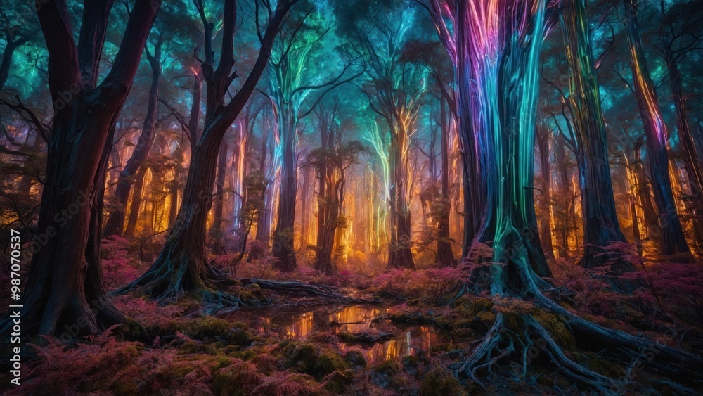 Fototapeta premium colorful neon fantasy forest with glowing trees