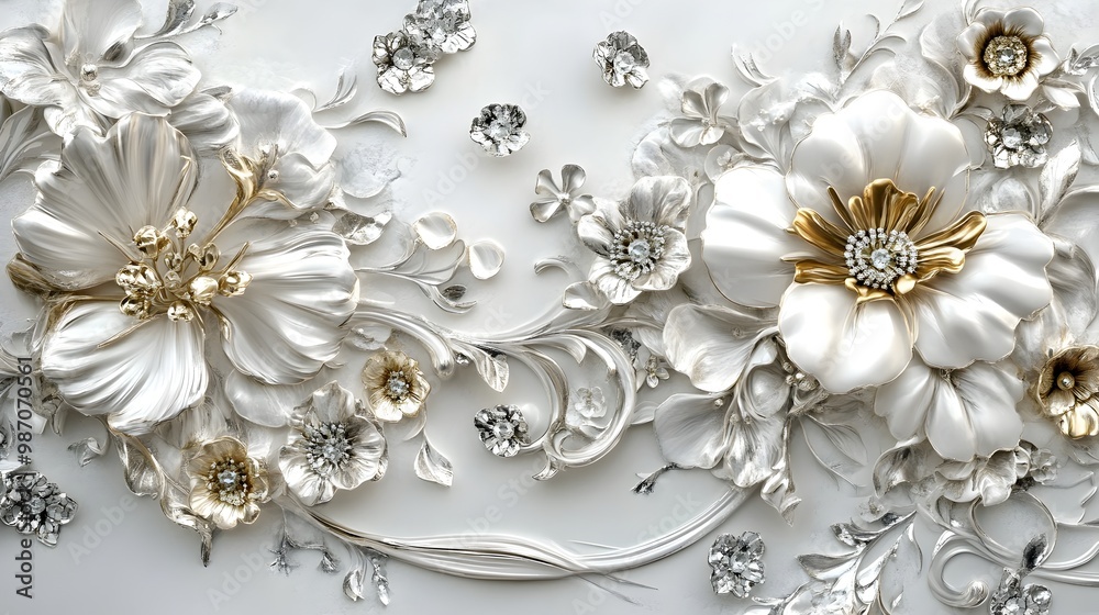Exquisite white gold floral border jewelry with opulent flower bouquets graceful curving stems shimmering precious stones and ornamental metalwork Exquisite white gold floral border jewelry with opulent flower bouquets graceful curving stems shimmering precious stones and ornamental metalwork