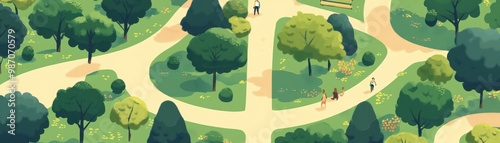 A vibrant park scene with winding paths, lush trees, and people enjoying nature on a sunny day, perfect for outdoor activities.