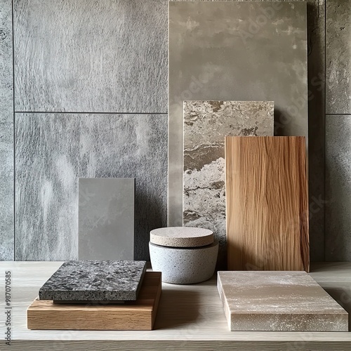 Interior moodboard with samples of different interior materials, in japandi style, using porcelain stoneware, natural stone, plaster