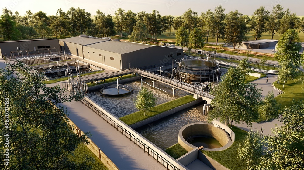 Obraz premium Biological wastewater treatment facilities or modern and green urban wastewater treatment installations