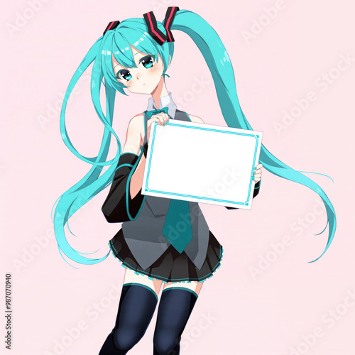 Anime girl with twin-tail hair holding an empty sign photo